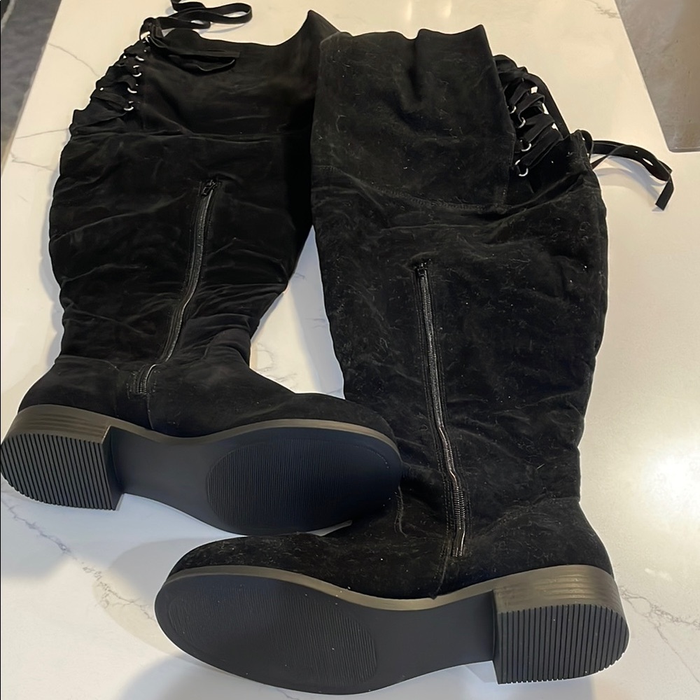 SHEIN Black Over the Knee Boots with Lace-Up Detail